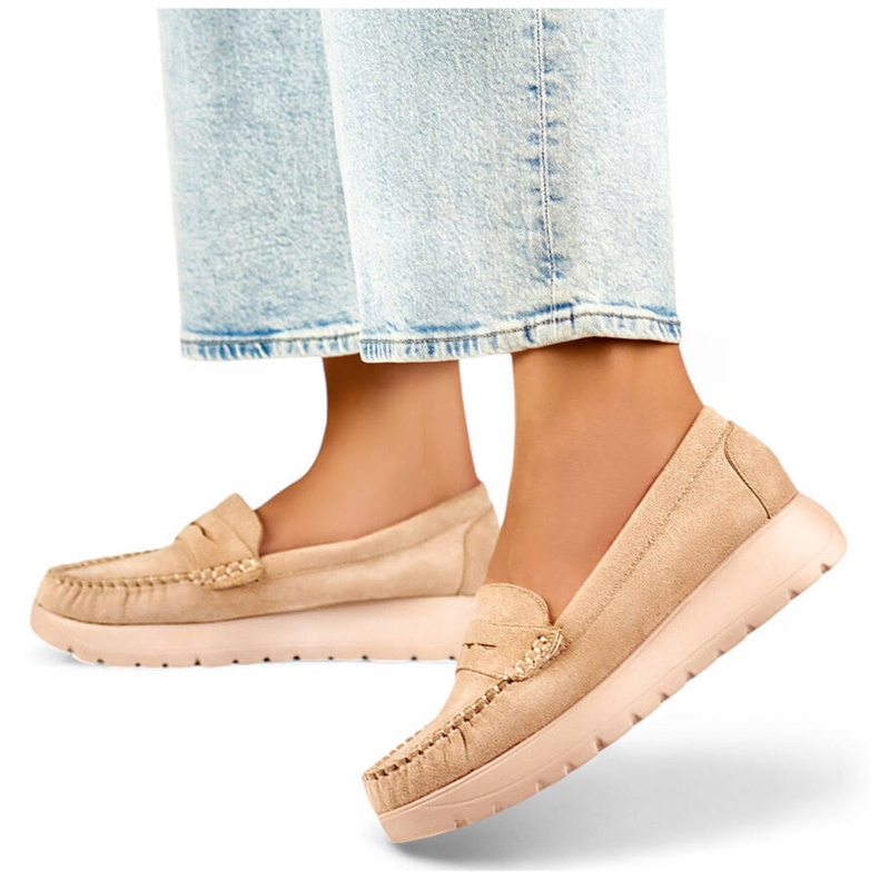 Women's moccasins with a thick sole, beige suede 24-21338BE
