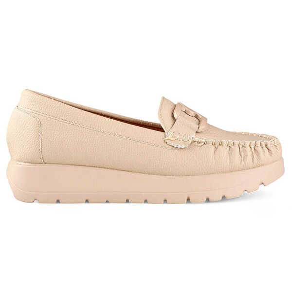 Beige women's moccasins made of eco-leather on a platform, leather insole