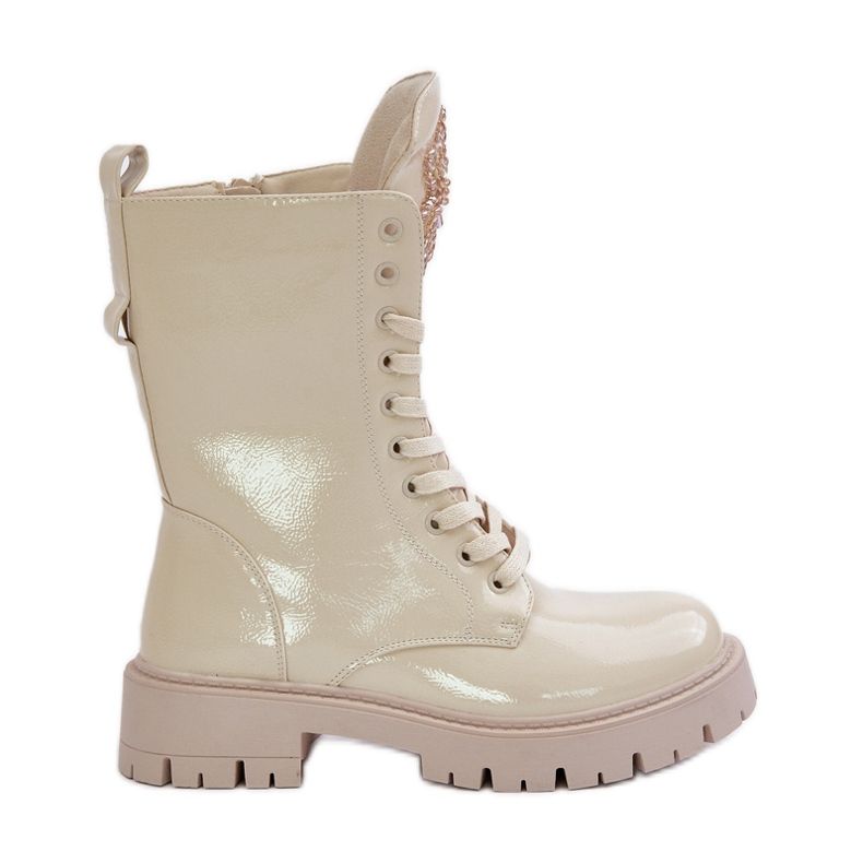 Patent Insulated Worker Ankle Boots With Beige Decoration Kelilea
