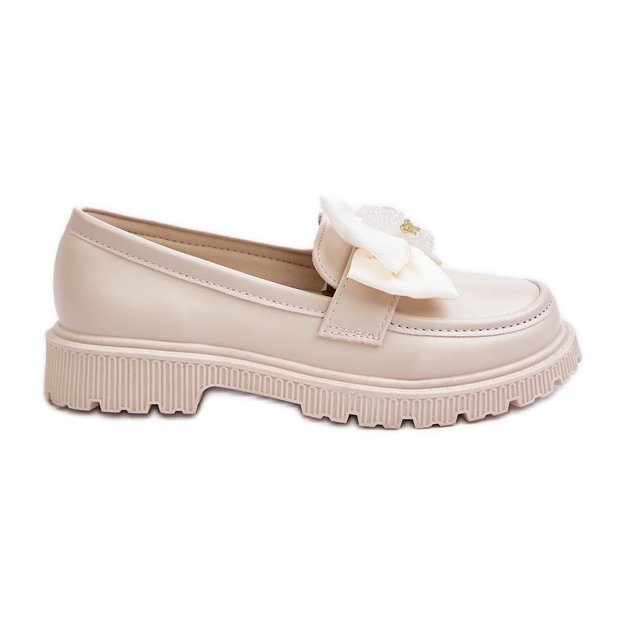Vinceza Girls' Beige Eco Leather Moccasins With Bow Avallesa
