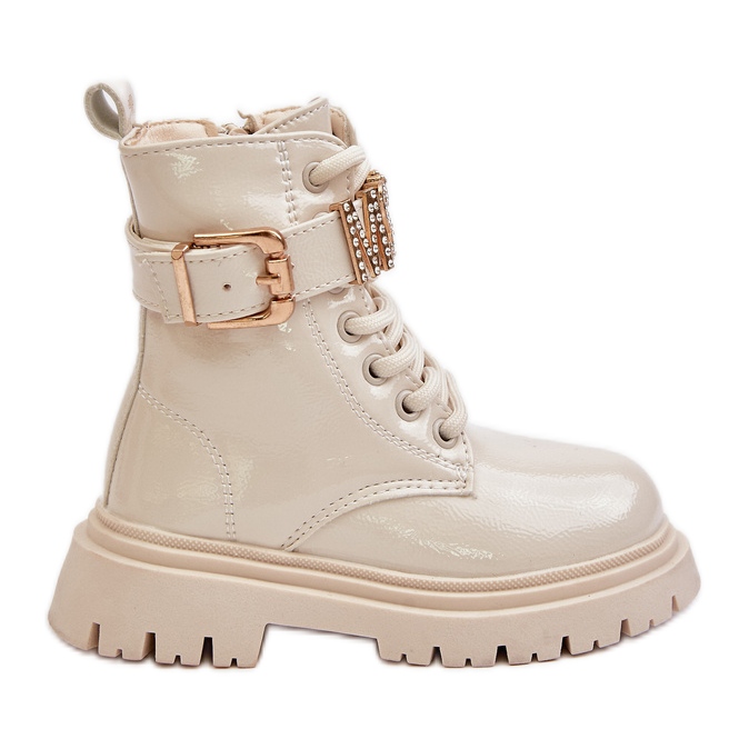 Girls' patent leather boots with a decorative strap, beige Gilian