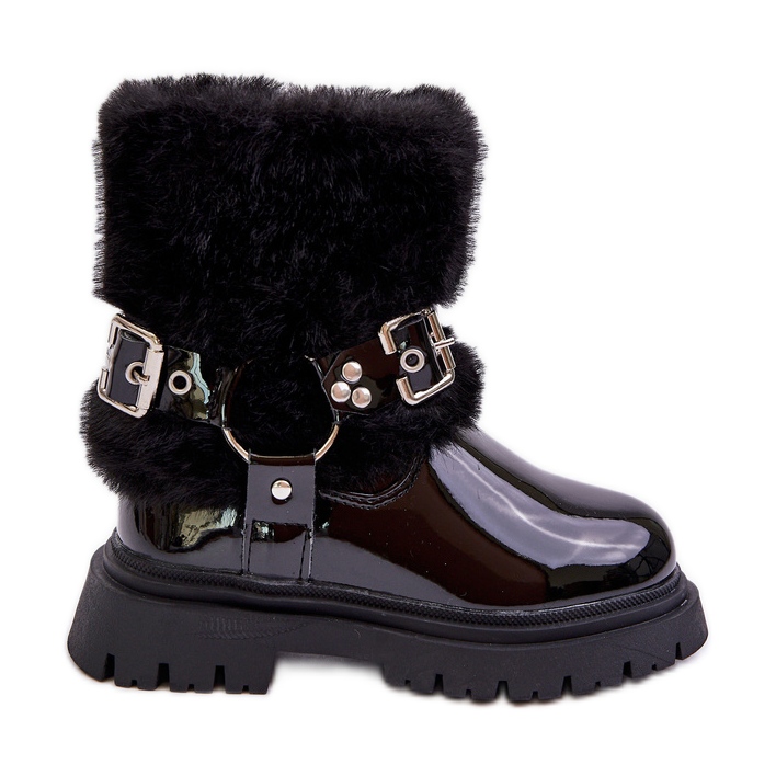 Patent leather girls' ankle boots with fur and buckles, Black Cartemes Patent leather girls' ankle boots with fur and buckles, Black Cartemes