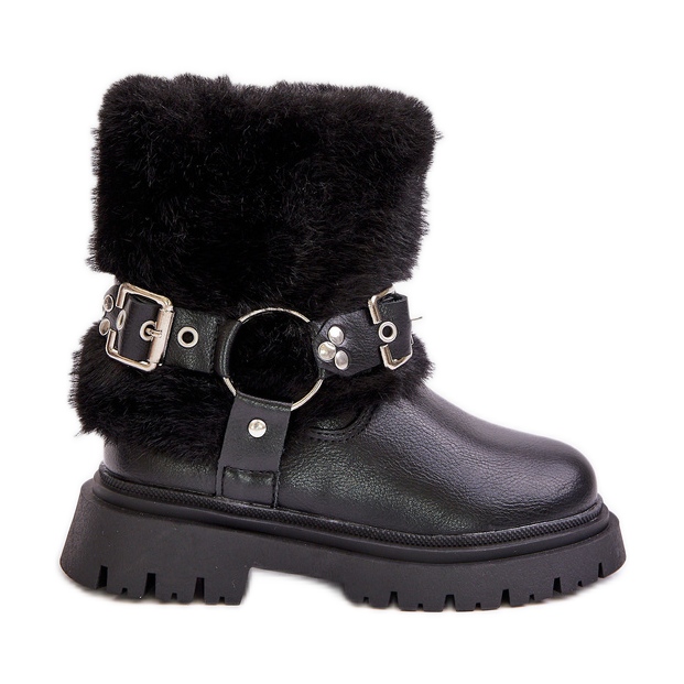 Eco Leather Girls' Boots with Fur and Buckles, Black Cartemes Eco Leather Girls' Boots with Fur and Buckles, Black Cartemes