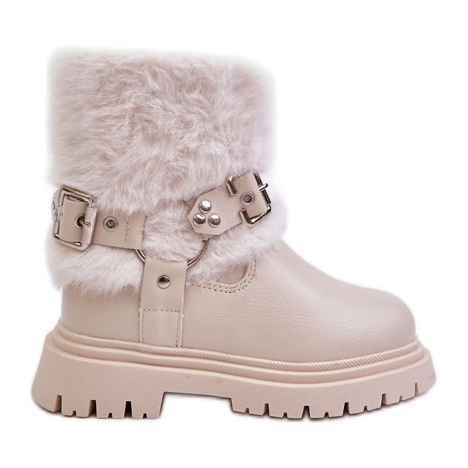 Eco Leather Girls' Ankle Boots With Fur And Buckles, Beige Cartemes