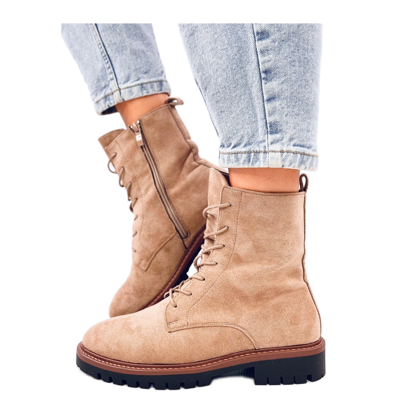 Khaki suede lace-up boots beige