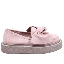 Women's suede moccasins with a bow, pink