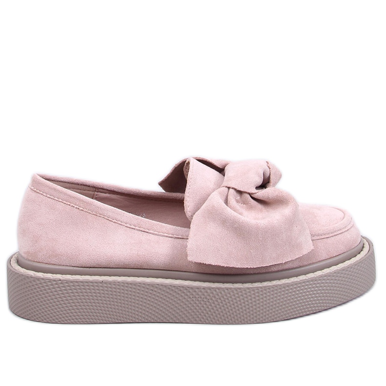Women's suede moccasins with a bow, pink