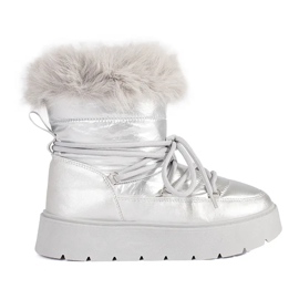 Silver women's snow boots with fur on a thick sole