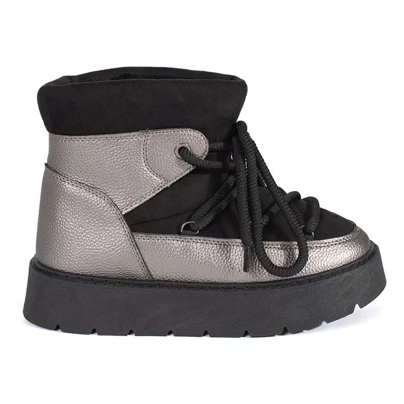 Women's black and silver lace-up snow boots with a thick sole