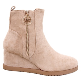 Women's wedge boots with a gold zipper, khaki-beige