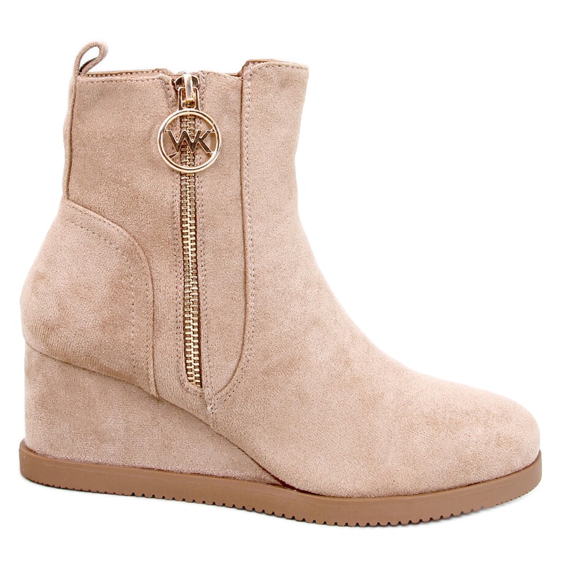 Women's wedge boots with a gold zipper, khaki-beige
