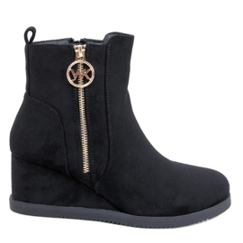 Black women's wedge boots with a gold zipper