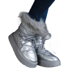 Silver insulated women's snow boots with fur