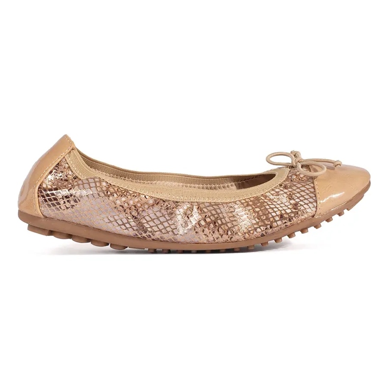 Beige ballet flats with an elastic band in a snake pattern and a bow