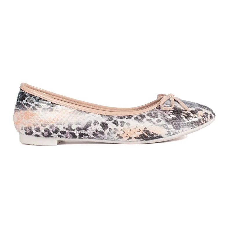 Women's flat ballerina shoes with a snake pattern and a bow beige