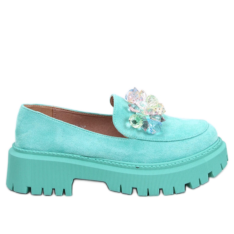 Green platform loafers with stones