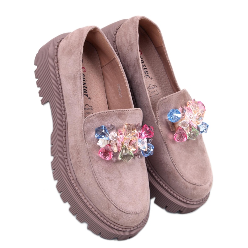 Seastar Women's platform loafers with beige-khaki stones