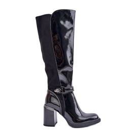 S.Barski Decorated Patent Women's Boots On High Heel D&amp;A MR880-055 Black