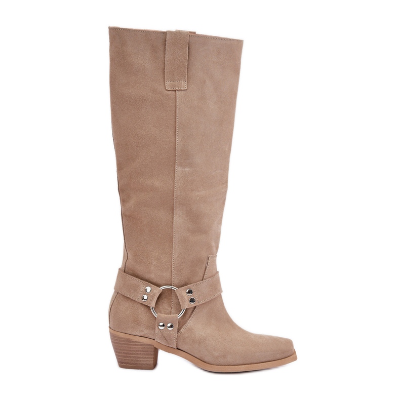 Suede Boots On Low Heels With Above-the-Knee Uppers Zazoo 3444/O Light Beige