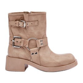 Leather Women's Boots on a Low Heel Block with Straps Zazoo 3644 Beige