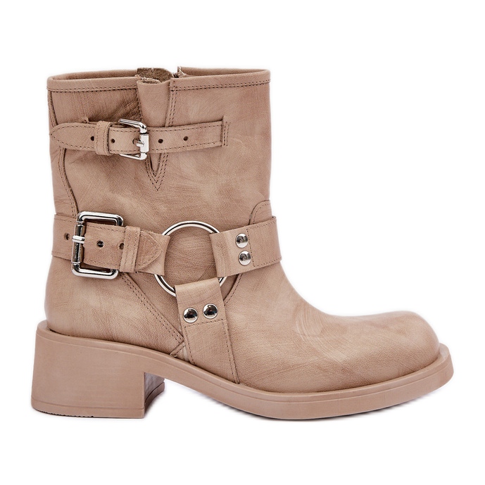 Leather Women's Boots on a Low Heel Block with Straps Zazoo 3644 Beige Leather Women's Boots on a Low Heel Block with Straps Zazoo 3644 Beige