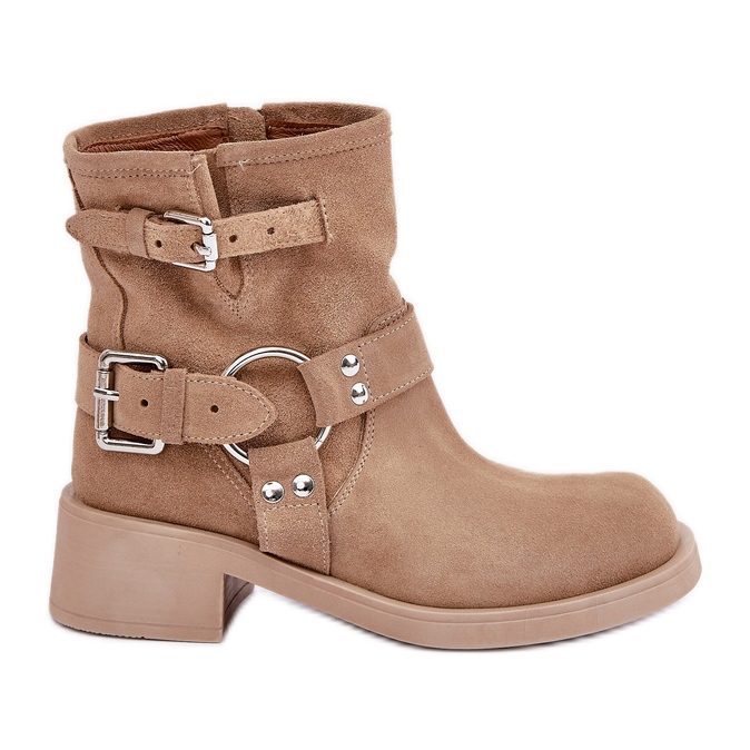 Suede Women's Boots on a Low Heel Block with Straps Zazoo 3644 Beige Suede Women's Boots on a Low Heel Block with Straps Zazoo 3644 Beige