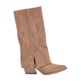 Suede Mid-Calf Boots With Turned Up Upper Heel Beige Zazoo 3487