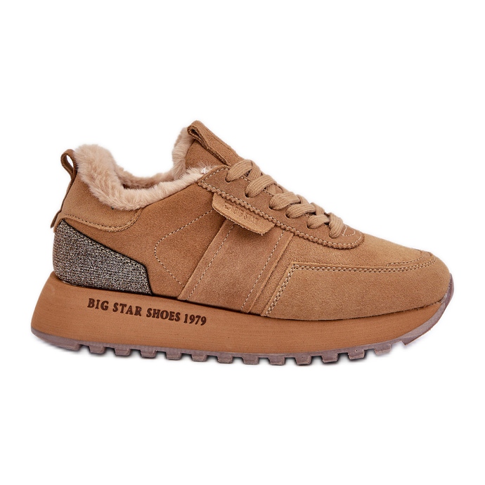 Women's Suede Sneakers With Fur and Shiny Element Big Star OO274578 Hi-Poly System Camel brown