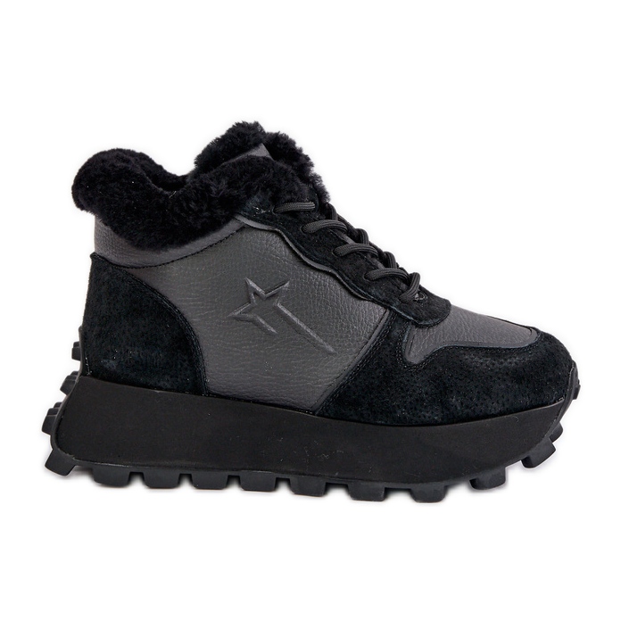 Women's Leather Trapper Sneakers With Fur On The Big Star Platform OO274A329 Black
