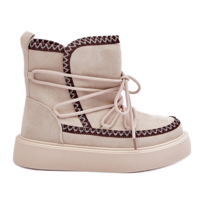 Women's snow boots with embroidery on the platform, light beige