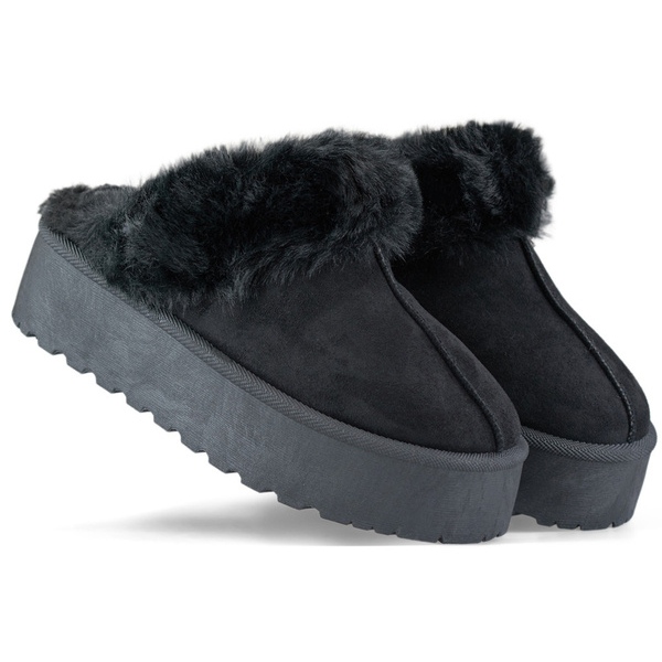 Women's platform slippers with fur, black 81366-1B