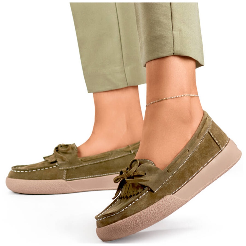 Women's leather moccasins khaki-green Goodin GD-SW4005KH