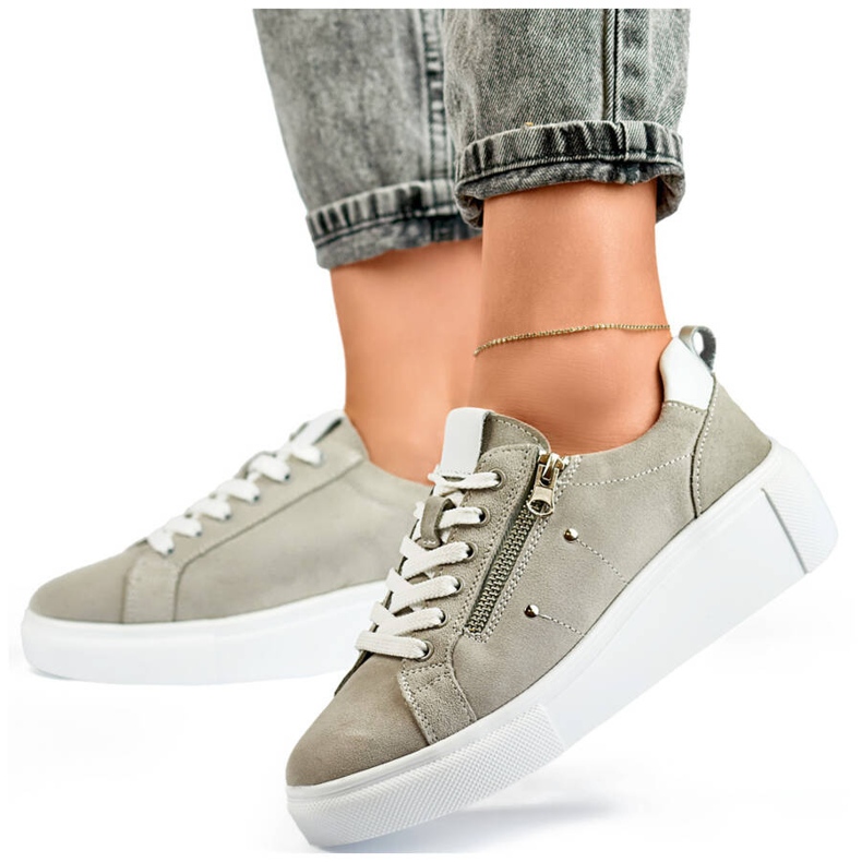 Goodin Women's leather sports shoes on the platform, gray GD-LX1001G grey