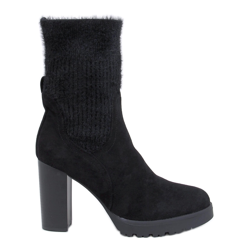 Black high-heeled ankle boots with elastic cuff