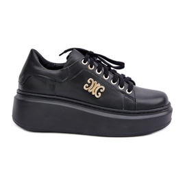 Natural Leather Sneakers on the Platform Gold Decoration Lewski 3428 Black