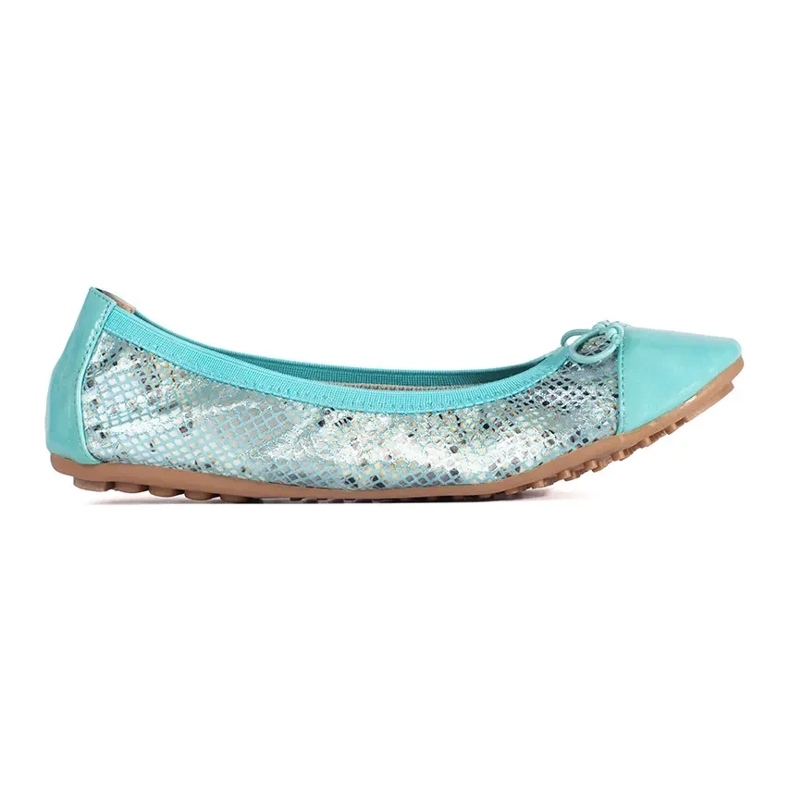 Blue ballet flats with a snake pattern and a bow