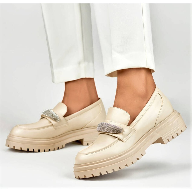 Women's loafers with rhinestones, beige 7961BE