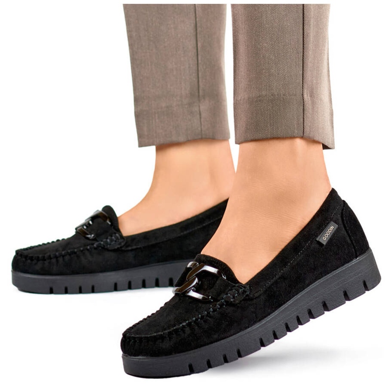 Goodin Women's black suede moccasins GD-FL696C-B