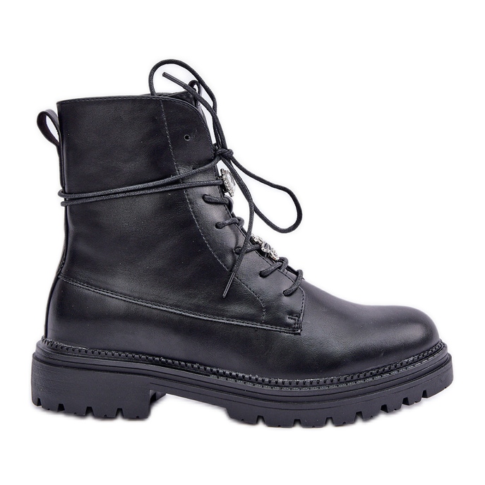 Insulated ankle boots with lacing pins, black Insulated ankle boots with lacing pins, black