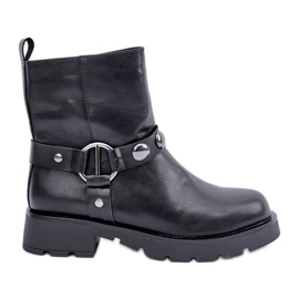 Insulated flat-heeled ankle boots with decorative black straps