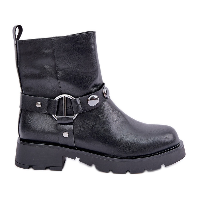 Insulated flat-heeled ankle boots with decorative black straps Insulated flat-heeled ankle boots with decorative black straps
