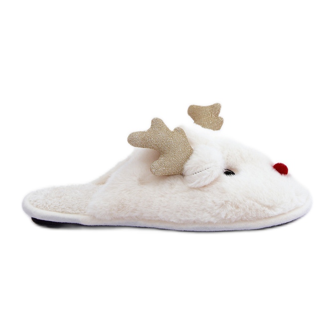 Christmas Slippers with a Reindeer Motif, Furry, White