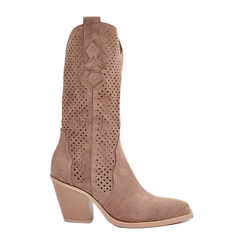 Openwork cowboy boots on a high heel, dark beige