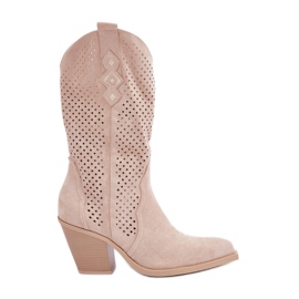 Openwork Cowboy Boots On A High Heel, Light Beige