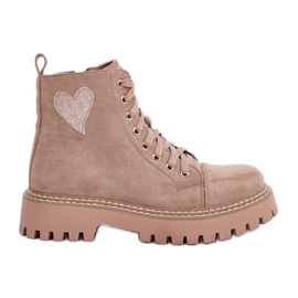 Women's ankle boots with a glitter heart, dark beige