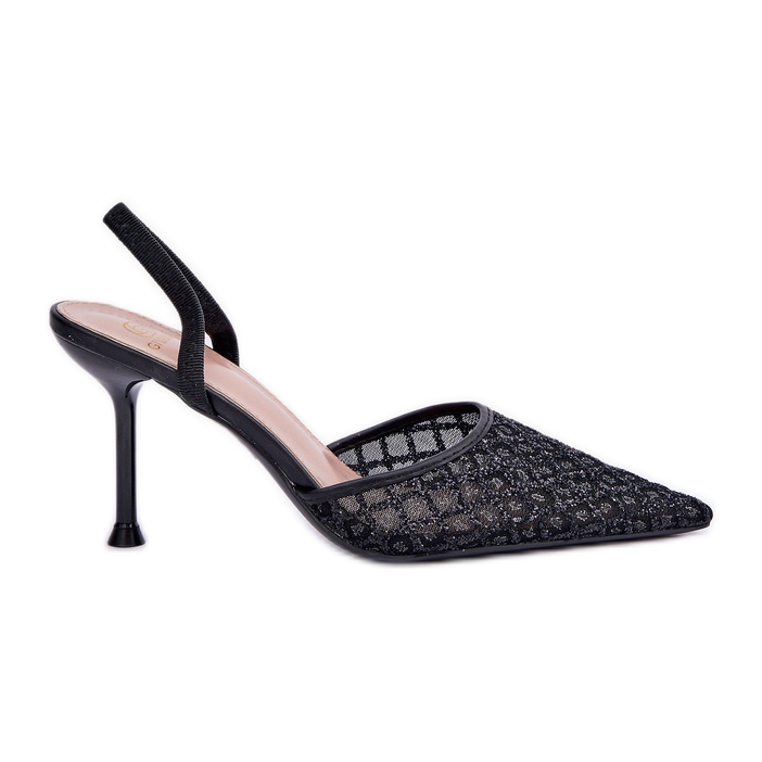 High heels with an open heel decorated with black glitter High heels with an open heel decorated with black glitter