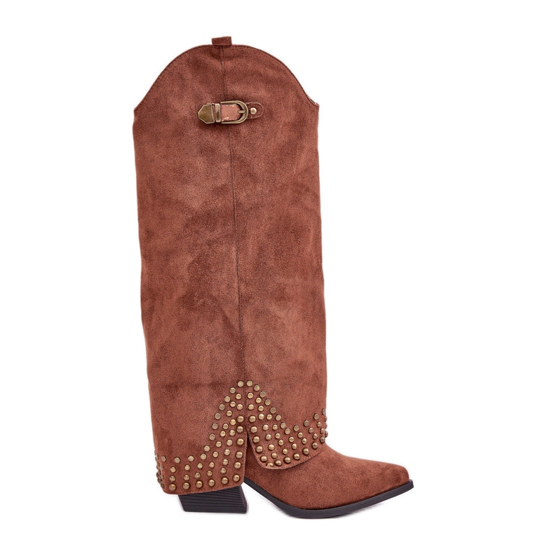 Brown boots with a turned-up upper on a high heel