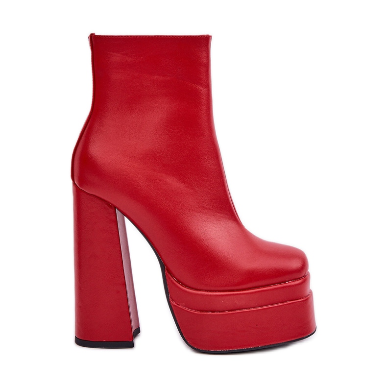 Insulated red ankle boots on a massive platform and high heel