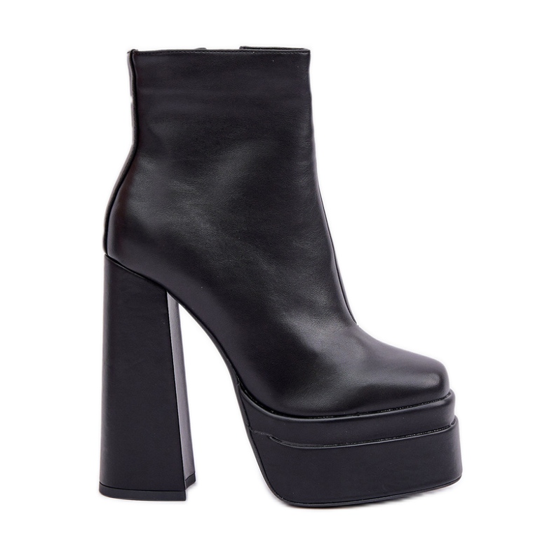 Insulated black ankle boots on a massive platform and high heel