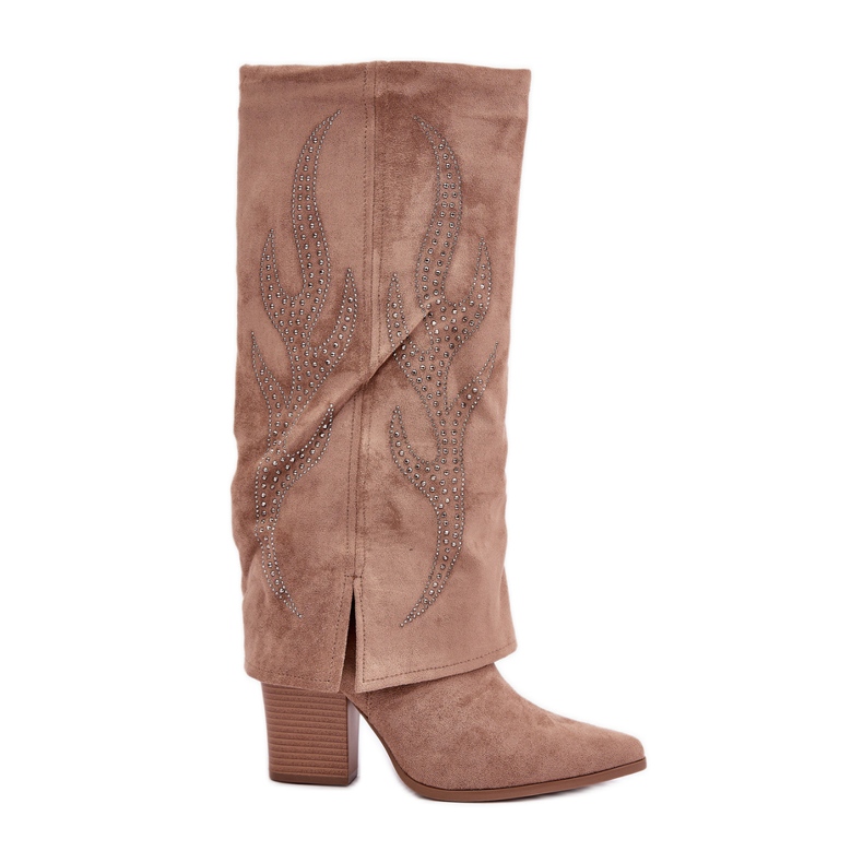 Dark beige decorated boots with a turned-up upper on a high heel